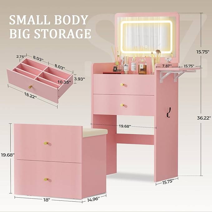 COMHOMA Makeup Vanity Desk with Mirror and Lights, Small 3 in 1 Vanity Table with Visible Glass Top, Flip Top & 3 Drawers, Compact Dresser with Storage Stool for Bedroom, Office or Nightstand
