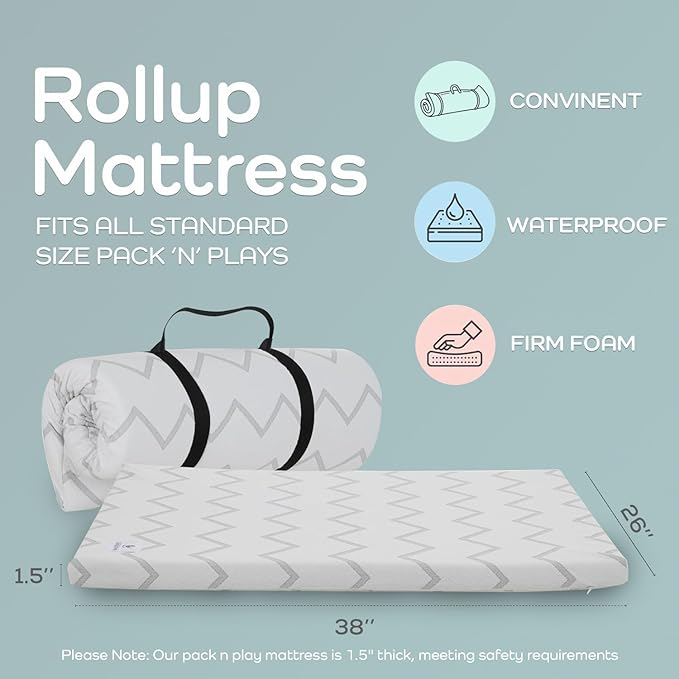 Babylicious Waterproof Pack and Play Mattress Pad - 38" x 26" | Roll Up Style - Breathable Soft Memory Foam - Portable Mattress Topper- Baby Foam Mattresses for Babies - Includes Easy Carry Buckle