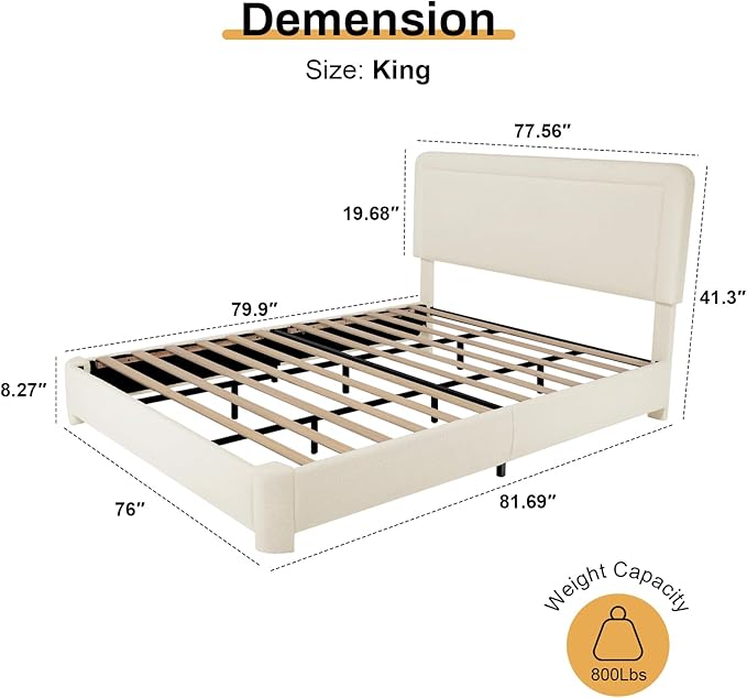 WEUP King Size Boucle Bed Frame, Soft Upholstered Cloud Bed Frame with Headboard, Rounded Corners, No Box Spring Required, Adjustable Headboard, Easy Assembly