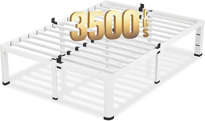 VIPSHOW 18 Inch Full Size White Bed Frame, 3500Lbs Heavy Duty Metal Platform with Round Corner Legs Mattress Slide Stopper, Steel Slat Support No Box Spring Needed, Noise Free, Non-Slip, Easy Assembly