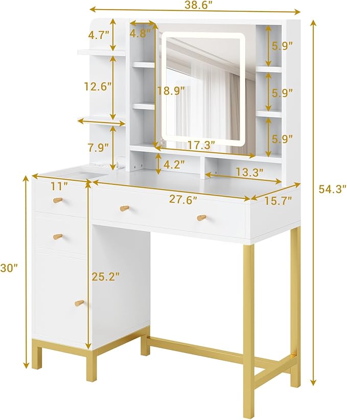 GAOMON 43.7'' White Vanity Desk Table with Lighted Mirror & Power Outlet, 3 Lighting Modes, Brightness Adjustable Vanity Table Makeup Vanity for Bedroom Dressing Room