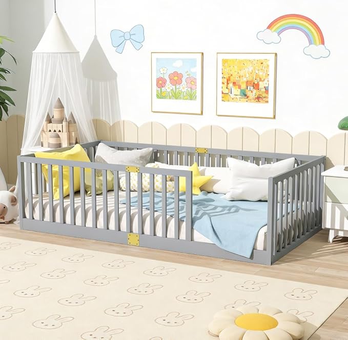 Bellemave Twin Size Montessori Floor Bed with 21.5" High Rails, Rubber Wood Twin Floor Bed with Slats, Gray
