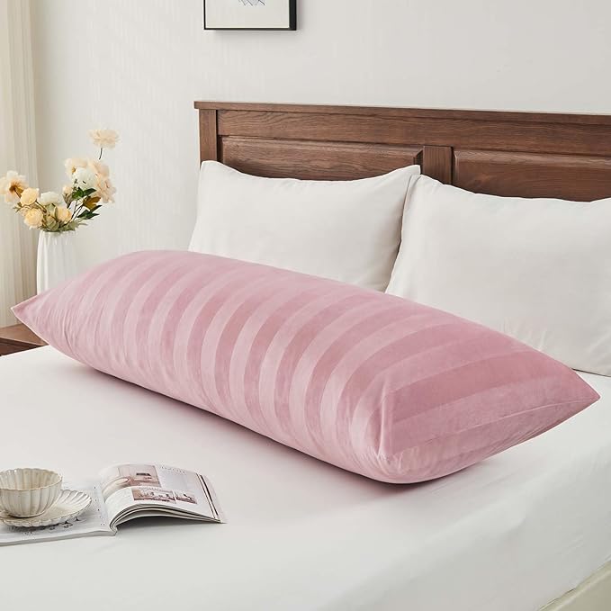 BEDELITE Velvet Body Pillow Cover with Zipper, Soft and Plush 20x54 Long Pillow Case, Velvety Smooth and Cozy Body Pillow Pillowcase for Bedroom, for All Seasons(Dusty Pink-Stripe)