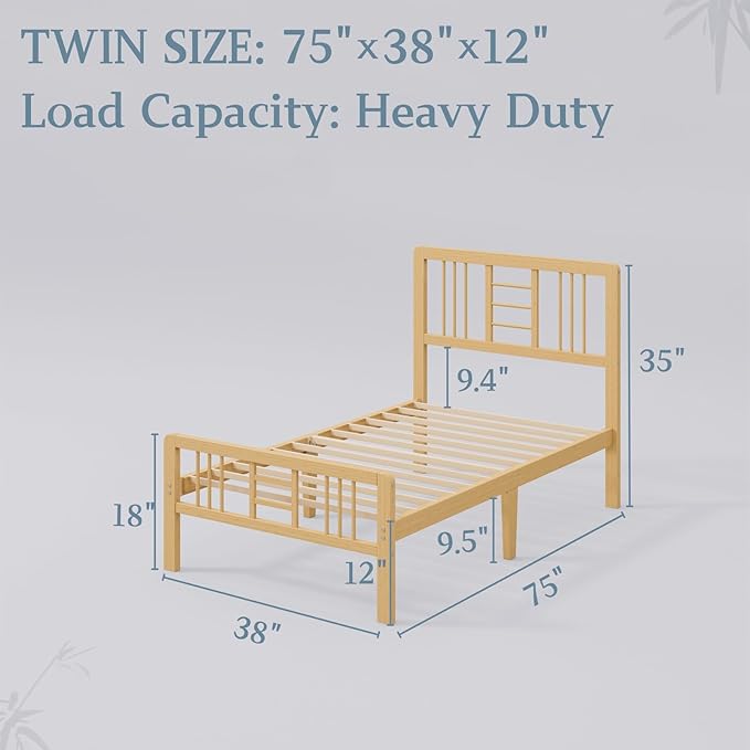 Hunlostten 12 in High Bamboo Wood Twin Bed Frame with Headboard & Footboard, Platform Bed Frame Twin Size with Steel Slats Support, Heavy Duty, No Box Spring Needed, Easy Assembly
