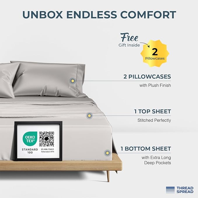 THREAD SPREAD 100% Egyptian Cotton Sheets Queen Size - Luxury 1500 Series Queen Sheet Set Egyptian Cotton (4 PC, Light Grey), Silky Soft, Sateen Weave, Cooling & Breathable, 17" Deep Pocket Bed Set