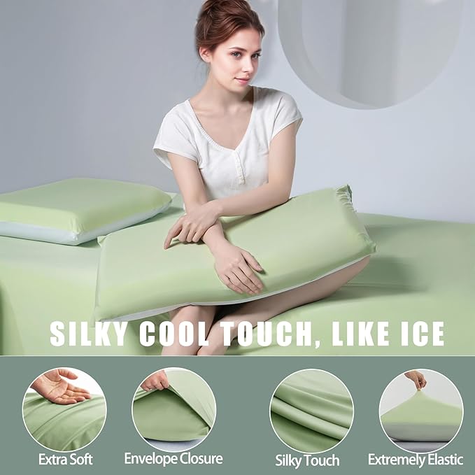 TELUS Cooling Pillowcases for Hot Sleeper King Size 2-Pack, Silky Soft Breathable Pillow Case with Envelope Close, Stay Cool Pillow Cover for Night Sweats, 20x36 Inch, Green