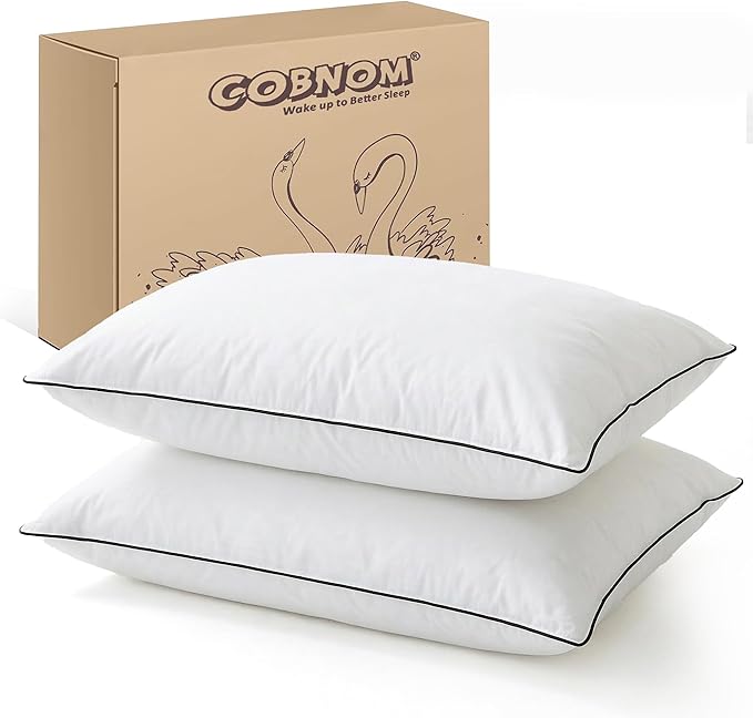 Cobnom® Goose Feather and Down Pillows Standard Size Set of 2, 3-Chamber Hybrid Bed Pillows with 750 Fill-Power Down Surrounded, 100% Organic Cotton Cover, Medium Firm for All Sleepers(20x26 Inch)