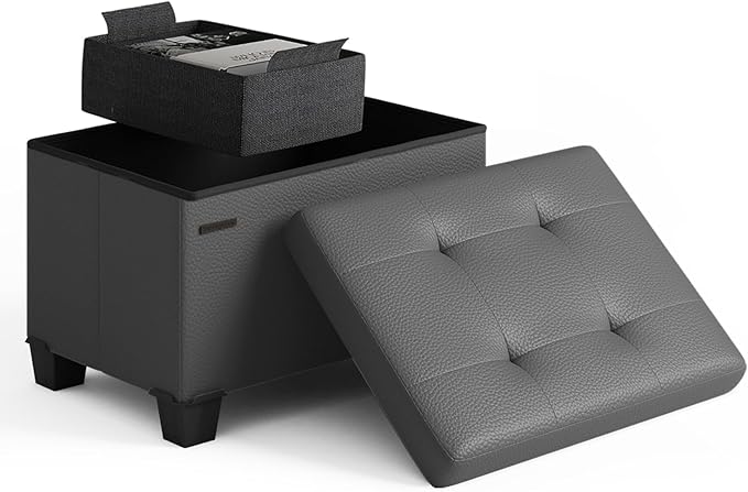Storage Ottoman Cube with Small Bin, 16-in Square Ottoman with Storage for Living Room and Bedroom, Small Ottomans Foot Rest, Leather Foot Stools Ottomans Max 330lbs, Grey