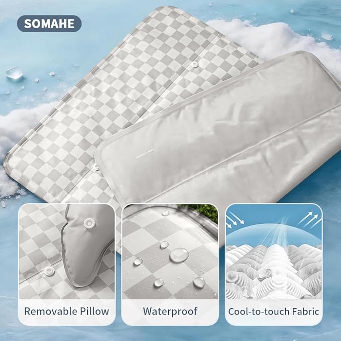 SOMAHE Pet Cooling Mats Pad for Dogs, Portable Summer Self-Cooling Mat with Removable Crescent Pillow for Small Dogs & Cats (Q-Max>0.5), Non-Toxic, All-Day Cooling, 27 x 20 Inches Grey