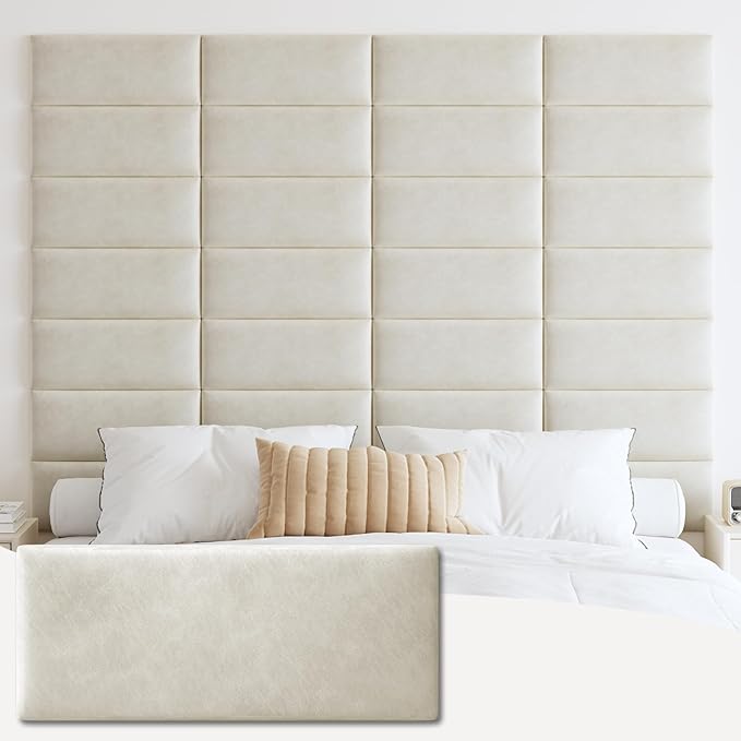 IFNOW Wall Mounted Upholstered Headboard King, 3D Peel and Stick Soundproof Panels, Reusable and Removable Padded Leather Bed Headboard, 12 Panels 9.84" x 23.62", Ivory White