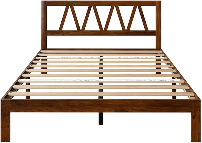 Novilla 12 Inch Queen Bed Frame with Headboard Bed Frame Queen Size Solid Wooden Bed Frame Foundation with Wood Slat Support, No Box Spring Needed, Easy Assembly, Walnut