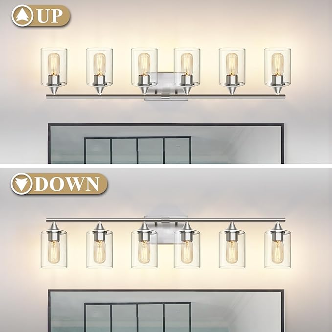 6-Light Bathroom Lighting Fixtures Over Mirror,Brushed Nickel Light Fixture Bathroom,Vanity Light with Clear Glass Shade,Modern Wall Lights for Mirror Bedroom Living Hallway