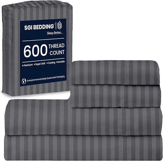 SGI bedding 100% Egyptian Cotton Sheets RV King Size – 600 Thread Count Sheets Set, Soft, Cooling, 15" Deep Pocket, Luxury Hotel Bedding, Breathable, Durable - Dark Grey Stripe