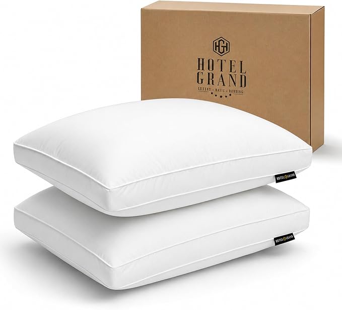 Hotel Grand Luxury Goose Feather & Down Fiber Pillows Queen Size Set of 2, Firm Support Gusseted Design, 100% Cotton Cover, No-Flat Fluffy Comfort for Side and Back Sleepers