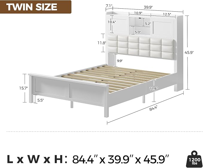 Rolanstar Bed Frame Twin Size with Charging Station, Bookcase Headboard Bed with LED Light and Sliding Doors, Platform Bed with Wooden Slats, No Box Spring Needed, Noise Free, White
