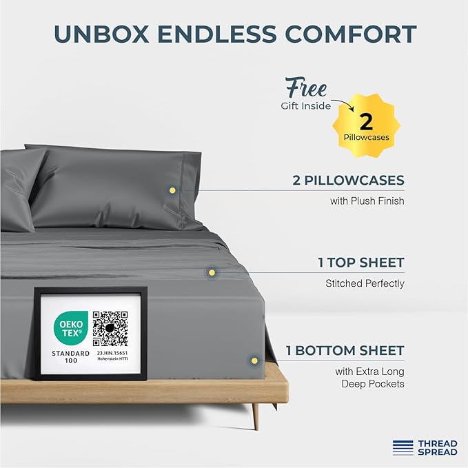 THREAD SPREAD 100% Egyptian Cotton Sheets Queen Size - Luxury 1500 Series Queen Sheet Set Egyptian Cotton (4 PC, Dark Grey), Silky Soft, Sateen Weave, Cooling & Breathable, 17" Deep Pocket Bed Set