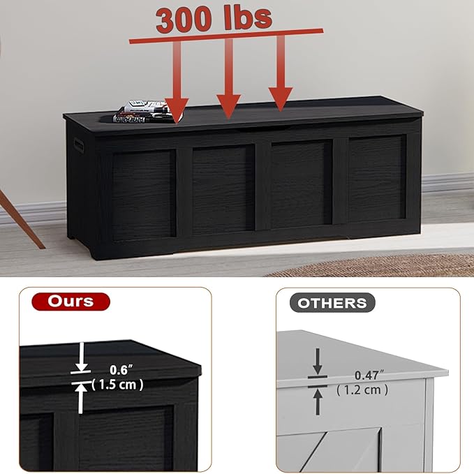 Timberer 47.2" Storage Chest, Extra Large Storage Trunk with 2 Safety Hinges, Wooden Storage Bench, Shoe Bench, Entryway Bench for Living Room, Bedroom, Black
