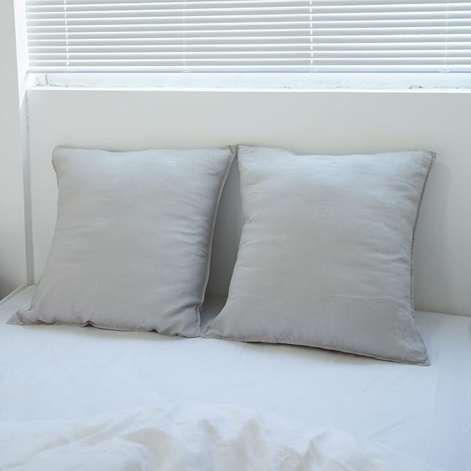 Simple&Opulence 100% Washed Linen Euro Shams 26'' x 26'' Pack of 2, Basic Style Solid Color Natural Flax Farmhouse Decorative Square Throw Pillow Covers for Bed Couch Sofa - Light Grey