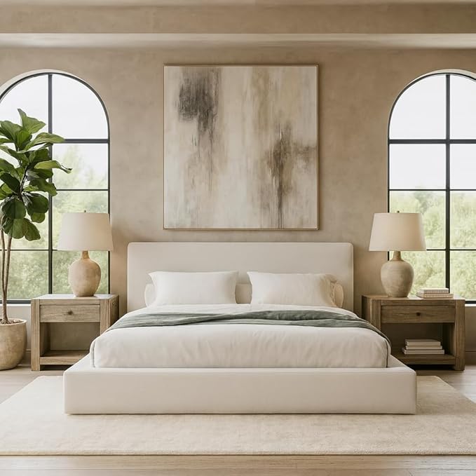 Square Bed – Washable Cover - Soft Upholstered Linen - Minimalist Modern - Sold Separately (White Linen, Queen Headboard)