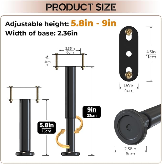 6Pcs Bed Frame Support Leg, Adjustable Height 5.8"-9", Extra Sturdy Steel Bed Frame Support Legs with Wider Rubber Base, More Stable/Quieter, Bed Slat Reinforcement Kit for King/Queen Bed