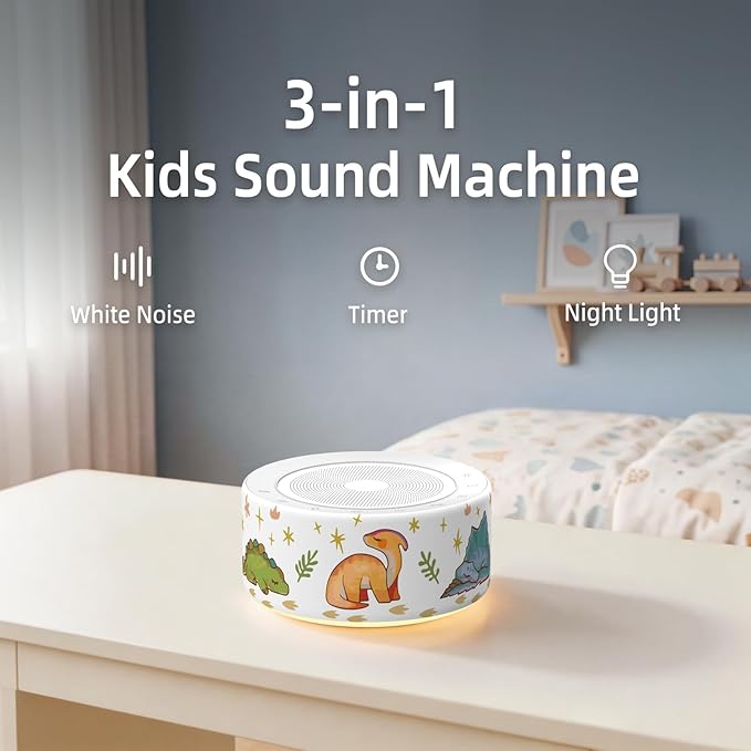 Kipcush White Noise Machine - Soft Non-Glare Nursery Lamp, 30 Soothing Sounds, 8 Color Lights, Max 8-Hour Timer for Baby & Adults