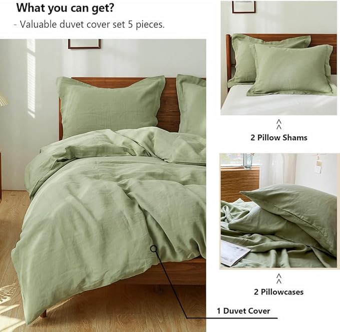 Simple&Opulence 100% Washed Linen Duvet Cover Set 5pcs(1 Duvet Cover& 2 Shams& 2 Pillowcases) Basic Style Natural French Flax Soft Breathable Farmhouse Bedding (Queen, Sage Green)