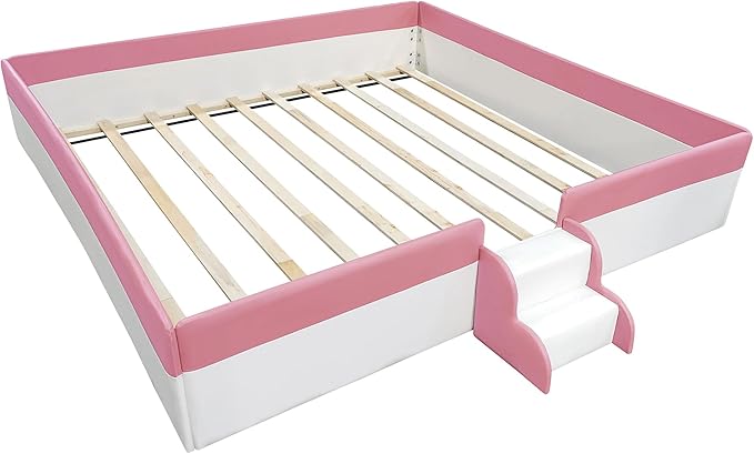 Merax King Size Kids Floor Bed, Daybed Frame with Fence and Stairs, White+Pink Upholstered Wood Bed for Living Room