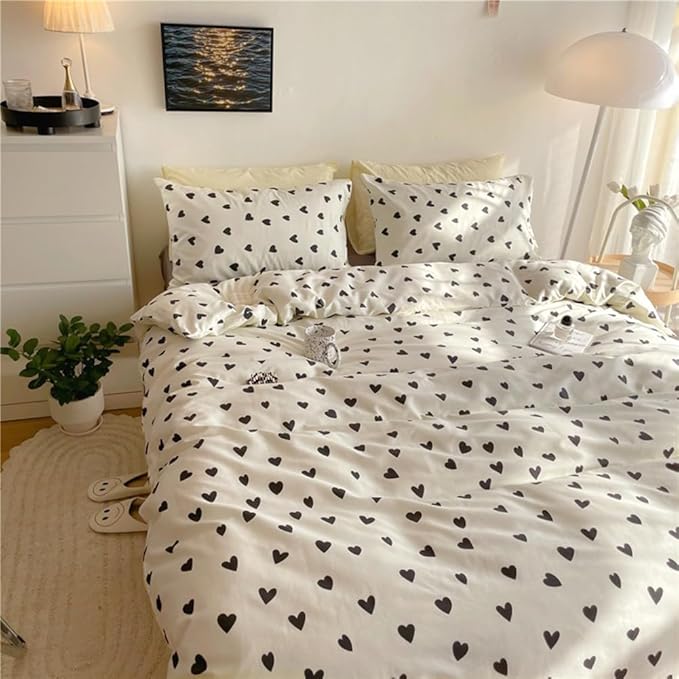 Nayoroom Black and White Heart Duvet Cover Queen Size Black Hearts Printed on White Bedding Set 3 Pcs Cute Kawaii Soft Breathable Microfiber Comforter Cover Valentine Gifts for Kids Girls