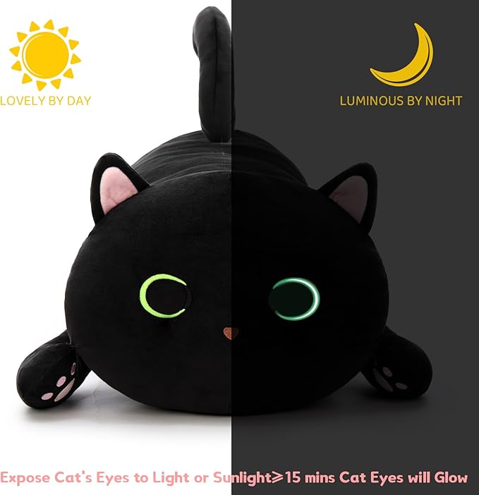 MaoGoLan Black Cat Plush Body Pillow, 44'' Giant Glow in The Dark Cat Stuffed Animal Toy for Girl Boy Kid, Big Cute Kitten Plush Throw Pillow for Birthday Gift, Baby Shower Party Favor Decor