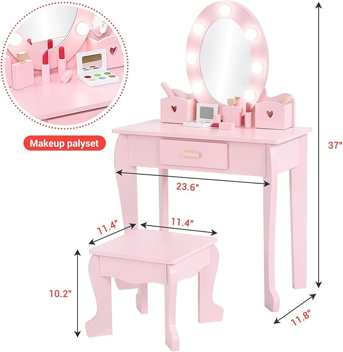 GarveeHome Kids Vanity with Lighted Mirror, Toddler Vanity Table and Chair Set, Girls Makeup Playset, Pink
