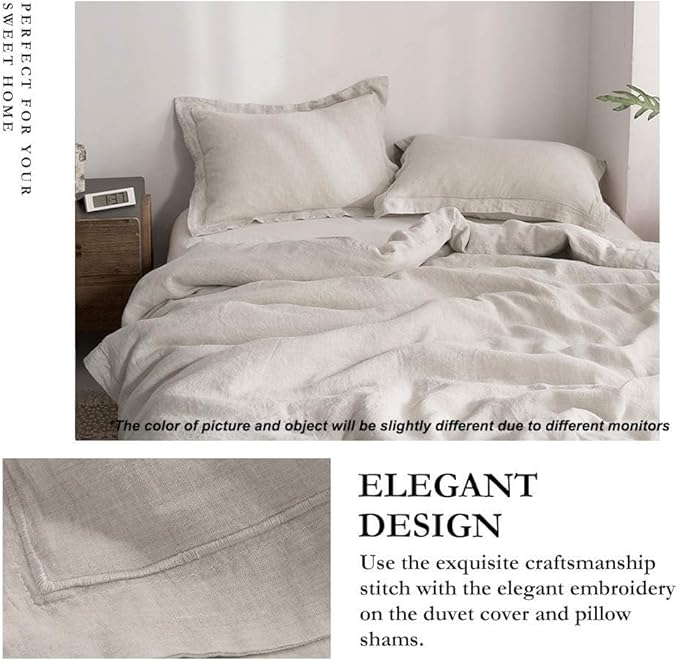 Simple&Opulence 100% Linen Duvet Cover Set with Embroidery Border Washed - 2 Pieces (1 Duvet Cover & 1 Pillow Sham) with Button Closure Soft Breathable Farmhouse - Linen, Twin Size