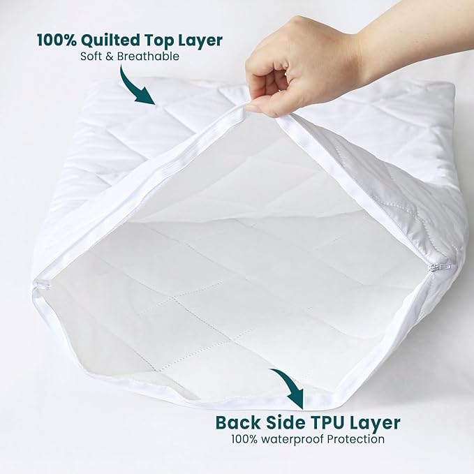Quilted Waterproof Pillow Protectors, Standard Size Pack of 2 Zippered Pillowcases, Breathable Protective Pillow Encasement Covers 20 x 26 Inches