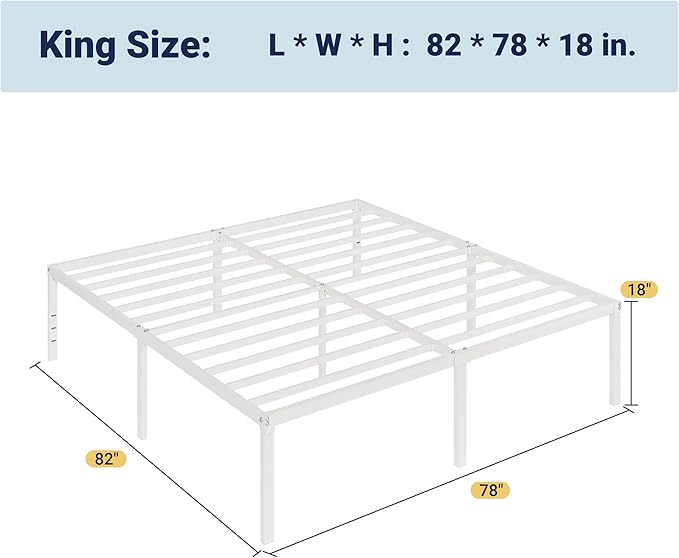 Allewie King Size Bed Frame, 18 Inch Metal Platform Beds with Storage Space, No Box Spring Needed and Easy Assembly, White