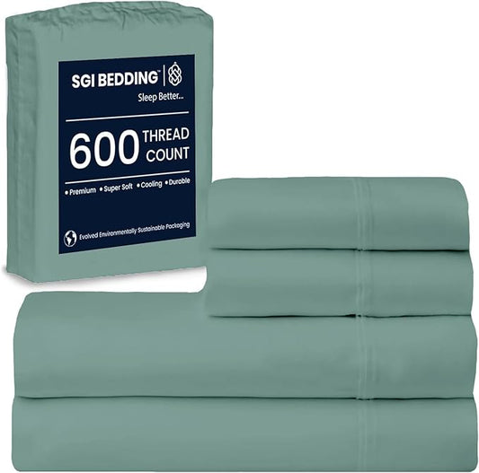 SGI bedding 100% Egyptian Cotton Sheets King Size – 600 Thread Count Sheets Set, Soft, Cooling, 15" Deep Pocket, Luxury Hotel Bedding, Breathable, Durable - Aqua Green