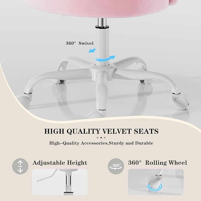 Velvet Vanity Chair with Wheels, Height Adjustable Swivel Makeup Chair, Armless Small Desk Chair for Bedroom/Office/Vanity Table, 250 lbs Capacity (Velvet, Pink)