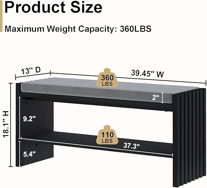 BON AUGURE 40" Entryway Shoe Bench with Storage & Cushion, Modern Fluted Shoe Rack for Mudroom, Sturdy Wooden Hallway Bench with 360 lbs Capacity, Black Oak