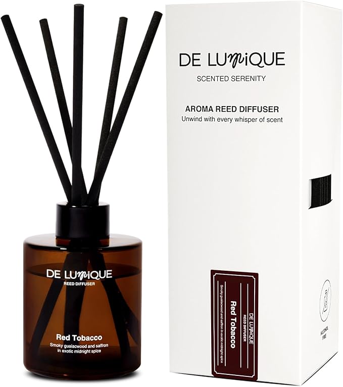 Red Tobacco Scent Reed Diffuser – Aromatherapy Diffuser with Guaiacwood, Saffron, Sandalwood & Chamomile – Long Lasting Home Fragrance – 150ml