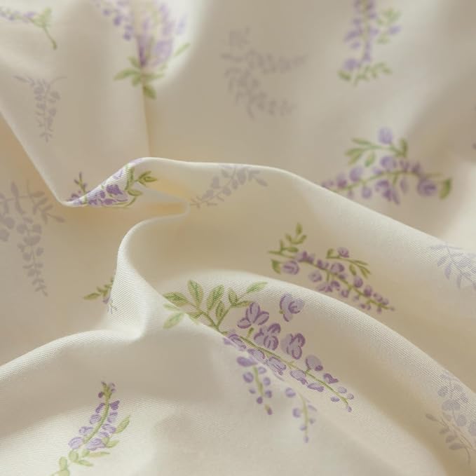 mixinni Lavender Flower Duvet Cover Queen Cotton Teenage Girls Flower Leaf Print 3pc Soft Cottage Ribbon Bedding Set Comforter Cover with Bowknot Pillowcase Perfect for Girls- (3pcs, Queen Size)