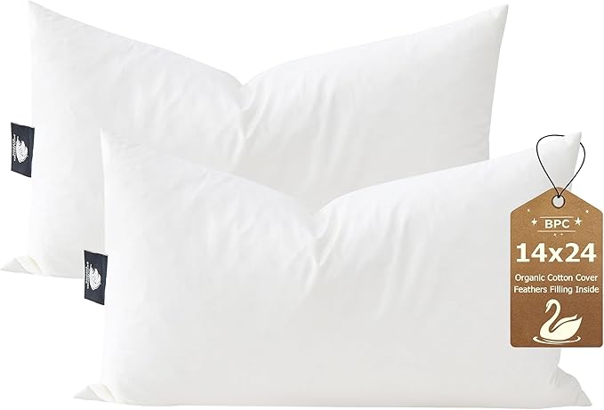 BPC 14x24 Down Feather Lumbar Pillow Inserts Set of 2, 100% Organic Cotton Cover, Soft Decorative Throw Pillows for Sofa, Couch and Bed, White
