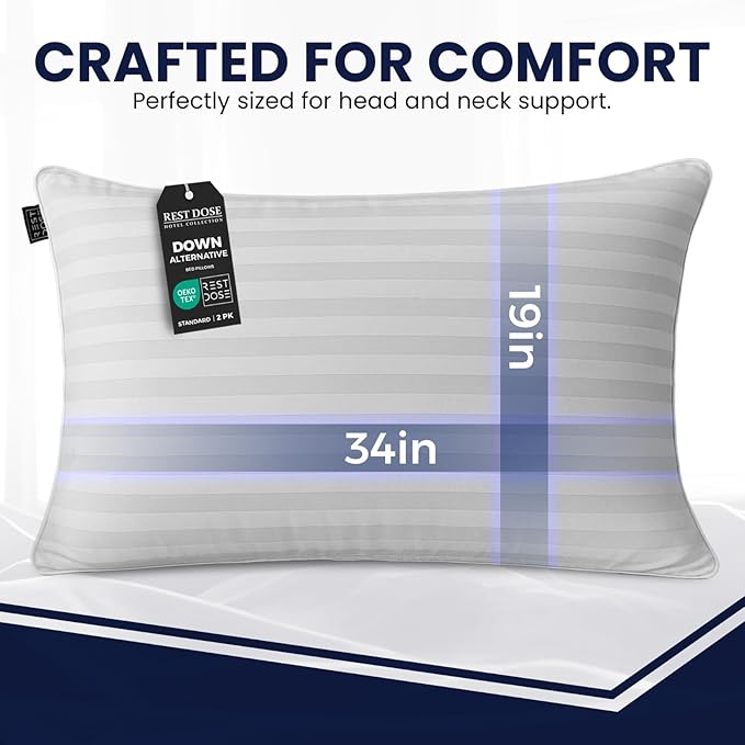 Bed Pillows for Sleeping, Set of 2 – Cooling, Hotel Quality with Soft Down Alternative Fill for Back, Stomach & Side Sleepers | White Striped King