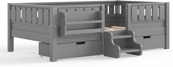 Bellemave Twin Size Kids Montessori Bed with Stairs and Bookshelf,Solid Wood Twin Size Kids Bed Frame with Drawers and Storage for Girls Boys,Low-Profile,Gray