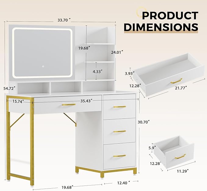 LUCKRACER Vanity Desk with LED Lights Mirror, Makeup Vanity with Storage Drawers and Shelves, Modern Dressing Table for Women Girls Bedroom, Ivory White