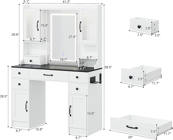 KAMABOKO Vanity Desk with LED Lights and Mirror, Large Makeup Vanity Table Set with 6 Drawers & 4 Cabinets & Power Outlet, 3 LED Lights Modes Adjustable