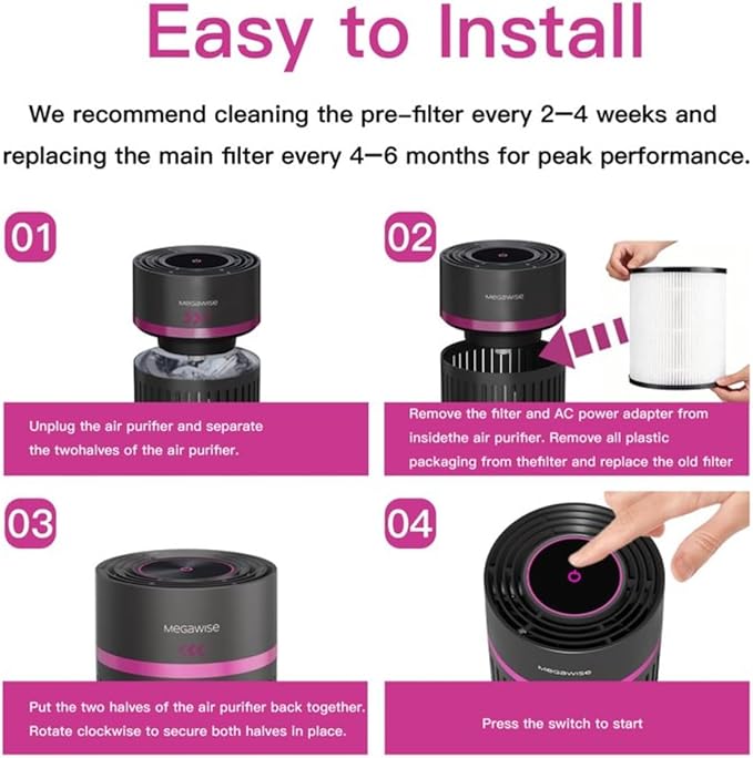 MEGAWISE H13 HEPA Air Purifier for Bedroom, Office & Small Rooms, 3-Stage Filtration with 360° Air Intake, 24dB Quiet Sleep Mode, Activated Carbon Filter for Smoke, Dust, Pet Dander & Odor, Ozone Free