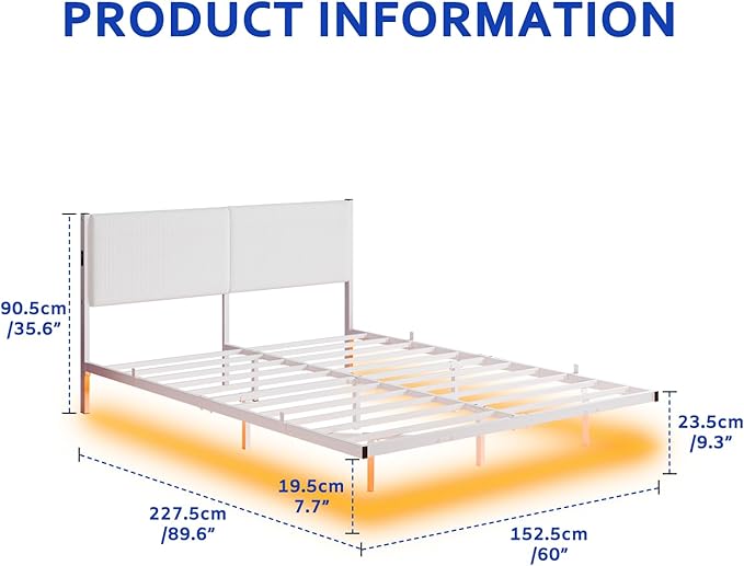 Queen Bed Frame,Floating Bed Frames Queen Size with LED Lights & Charging Station,Modern Queen Platform Bed Frame with Upholstered Headboard,Heavy Duty Steel Slats,No Box Spring Needed,No Noise,White