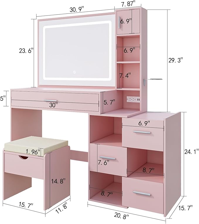 Vanity Desk with LED Lighted Mirror, Sliding Side Cabinet with Expandable Storage, Makeup Table with Drawers & Shelves, Built-in Power Outlet, Vanity Set with Storage Stool for Bedroom (Pink)