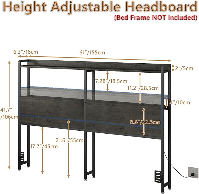 METYERRY Headboard for Queen Size Bed Frame with Storage, Height Adjustable, Headboards with Outlets, USB Ports, Type-C, LED Light, Sturdy and Stable Headboard, Black Oak,Bed Frame NOT Included