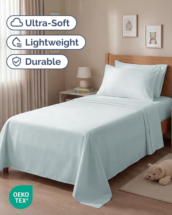 Twin 4 Piece Sheet Set - Comfy, Breathable & Cooling - Hotel Luxury Bedding for Women, Men, Kids, Teens and Children - 1 Flat & 1 Fitted Sheet & 2 Pillowcases w/ Deep Pockets - Wrinkle Free - Ice Blue