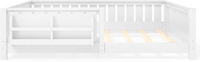 Bellemave Full Size Kids Montessori Bed with Bookshelf,Solid Wood Full Floor Bed Frame with Fence and Slats for Girls Boys,Low-Profile,White