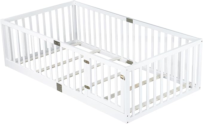 Bellemave Twin Size Montessori Floor Bed with 21.5" High Rails, Rubber Wood Twin Floor Bed with Slats and Door, White